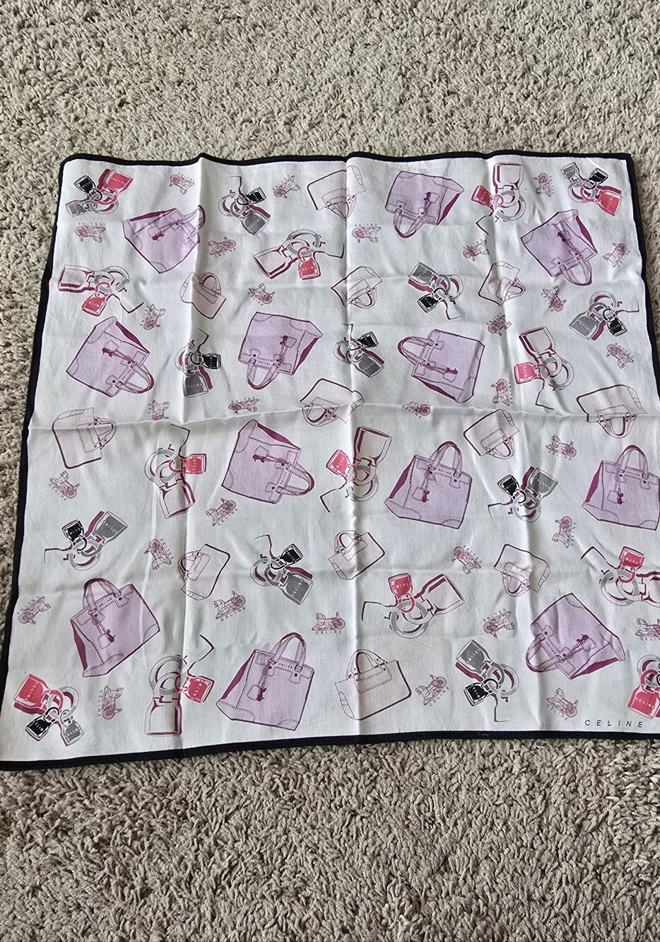 Celine White Silk Scarf with Pink & Purple Handbag Motifs